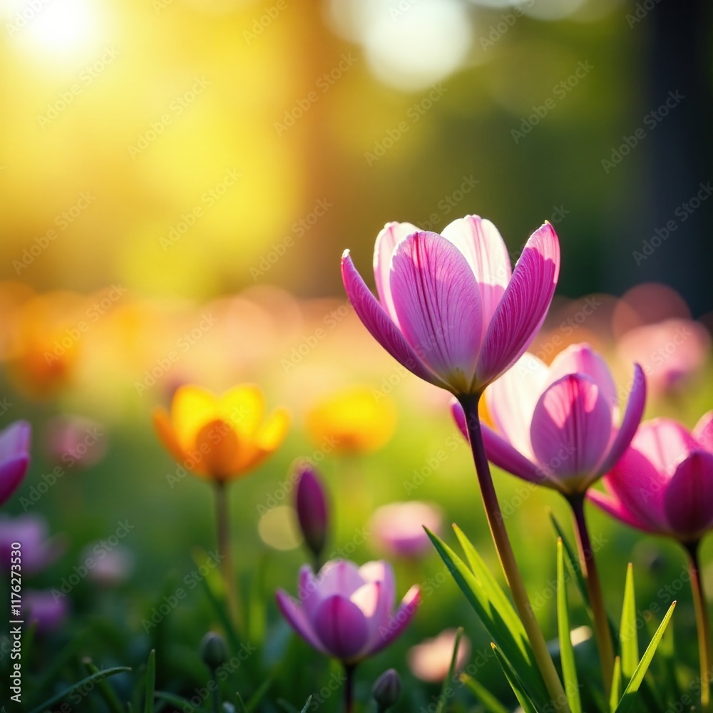 Obraz premium Field of Pasque flowers with sunlight filtering through, bloom, filter