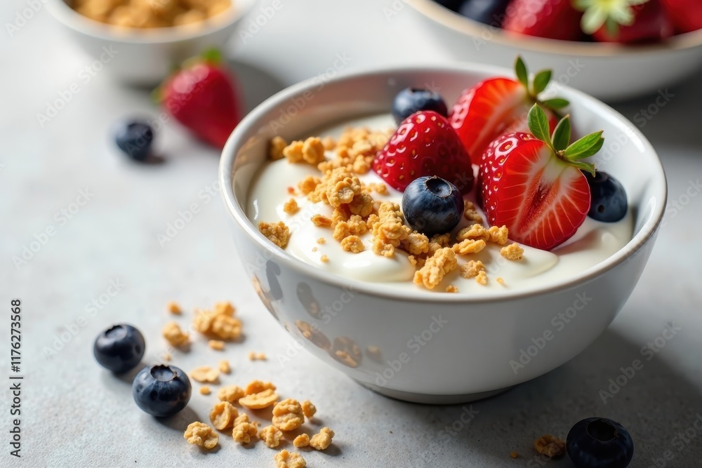 A bowl of yogurt with fresh berries and granola , grain, fruits A bowl of yogurt with fresh berries and granola , grain, fruits