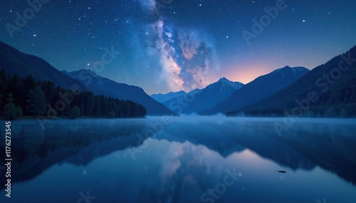 misty water reservoir under the stars at night, trees, mountains, calm