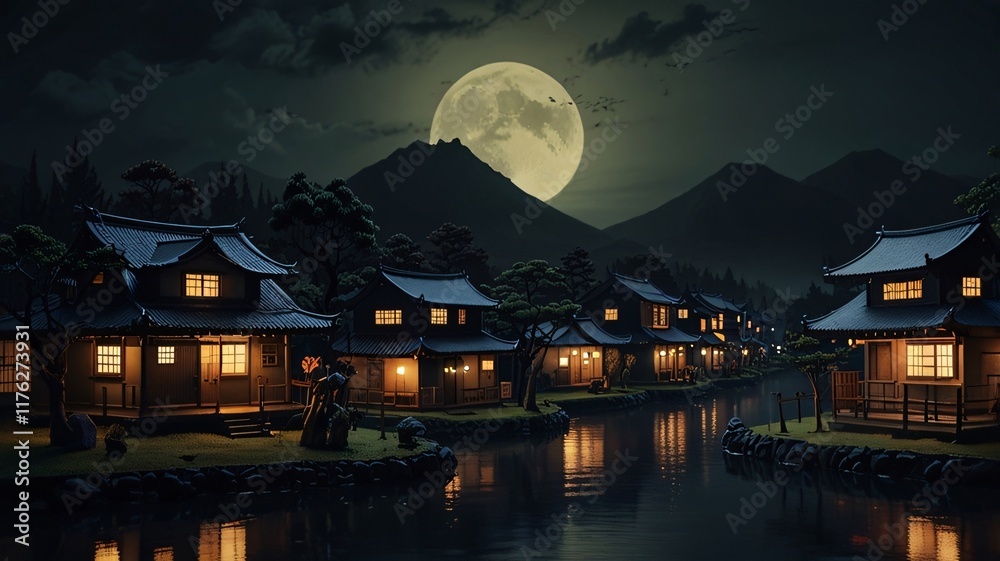 Fototapeta premium Noir Image Dark Mysterious City Village Anime Game Scene