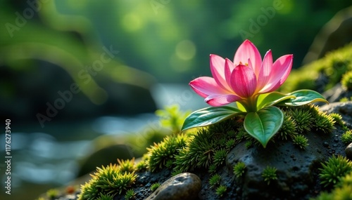 Exotic flowers blooming on a moss-covered rock, exotic flowers, natural formations photo