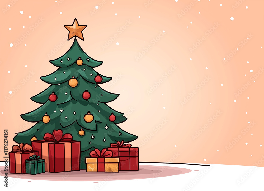 Obraz premium A cartoon Christmas tree with a star on top and presents underneath