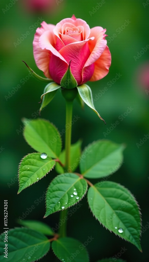 Delicate rose stems amidst lush green foliage with tiny water droplets, delicate, stem Delicate rose stems amidst lush green foliage with tiny water droplets, delicate, stem