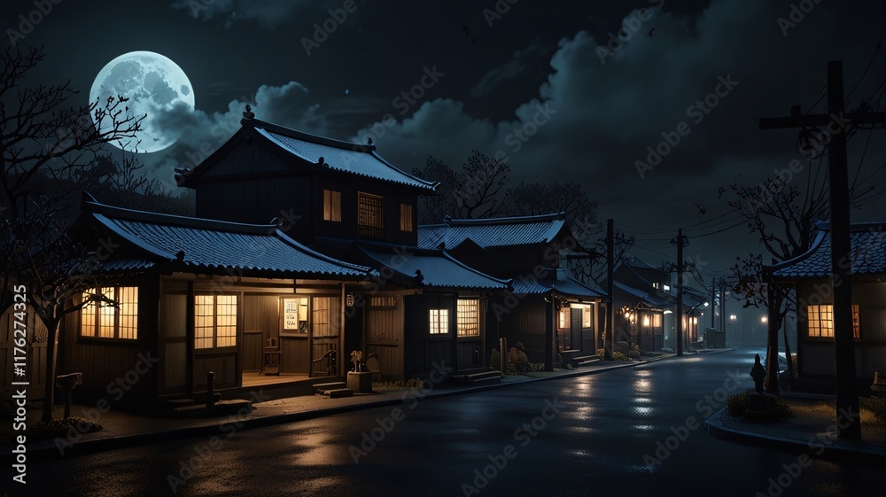 Obraz premium Noir Image Dark Mysterious City Village Anime Game Scene