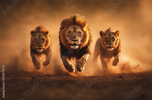 A lion and two lions run forward, facing the camera photo