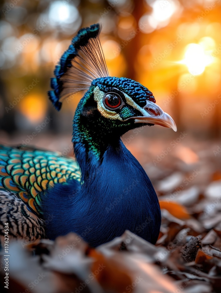 Obraz premium A majestic peacock nestled in the forest, displaying its stunning feathers and vibrant colors in the soft glow of the sun, embodying nature's beauty and elegance in a serene setting.