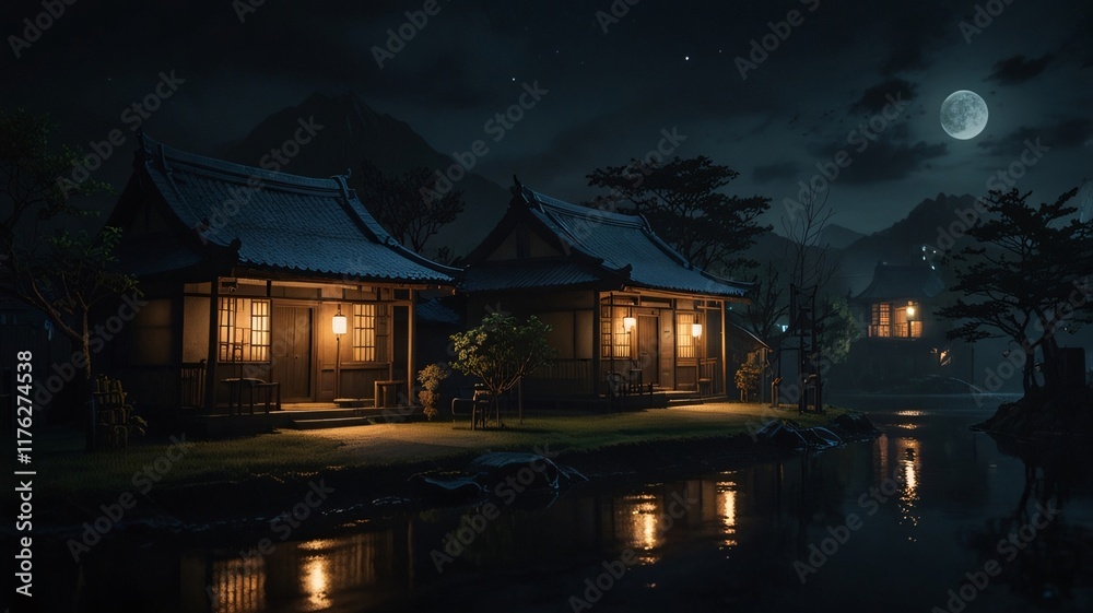 Fototapeta premium Noir Image Dark Mysterious City Village Anime Game Scene