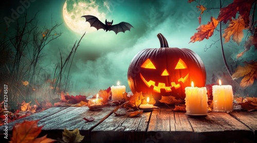 A spooky Halloween scene featuring a carved pumpkin, glowing candles, autumn leaves, a full moon, and a flying bat in a misty atmosphere. photo