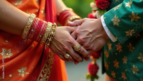 Closeup of intertwined hands with a traditional Indian wedding attire, commitment, wedded