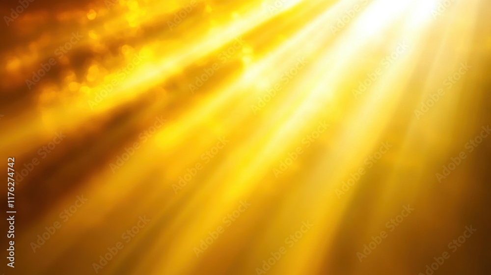 Fototapeta premium Golden light rays burst through clouds. Ideal for backgrounds, adding warmth and hope to designs.