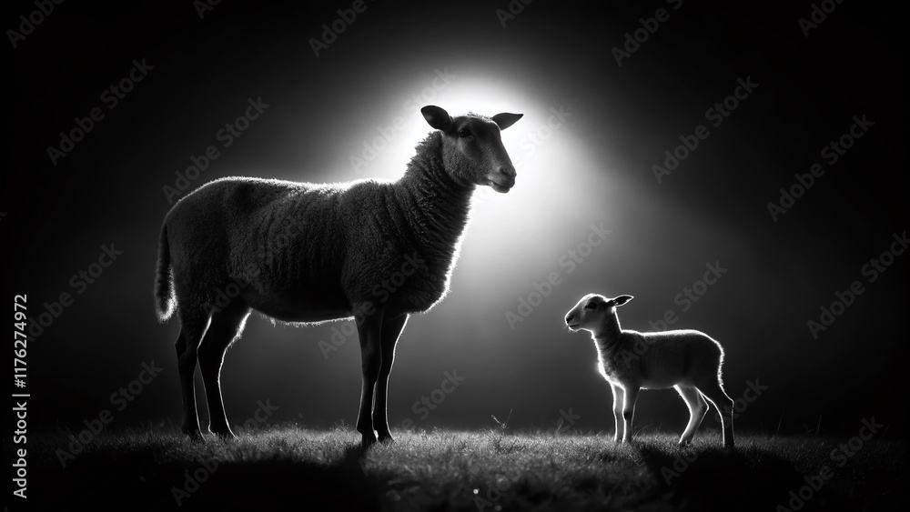 Fototapeta premium Minimalist Black Sheep and Lamb Silhouette, Dark Farm Animals, Night Pasture Scene