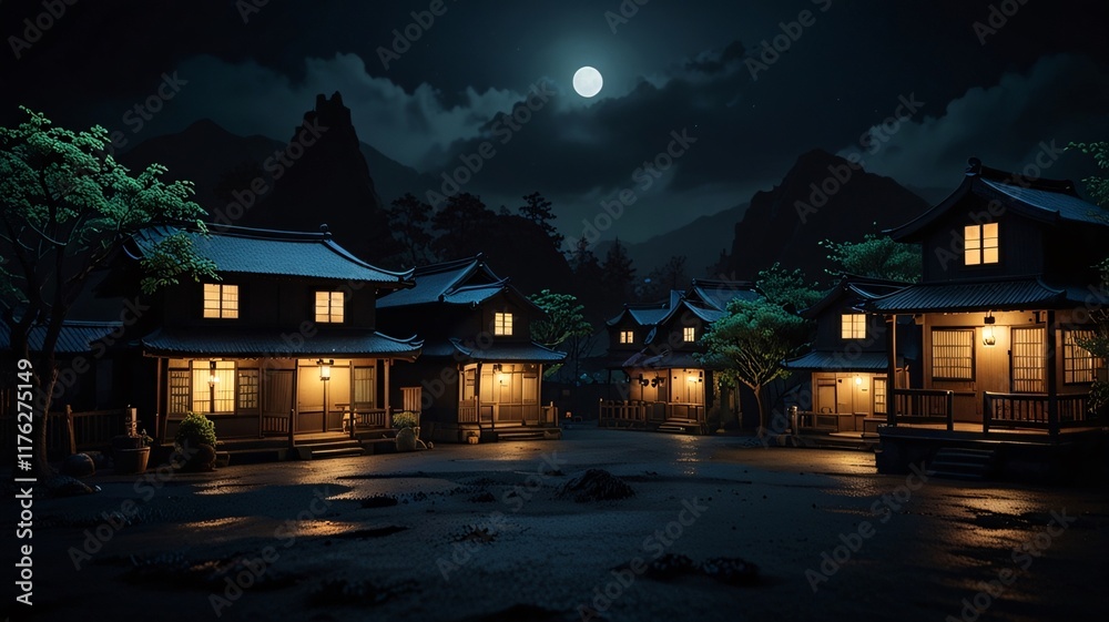 Fototapeta premium Noir Image Dark Mysterious City Village Anime Game Scene