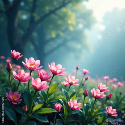 Delicate flowers bloom in the misty atmosphere, botanical, gentle hues
