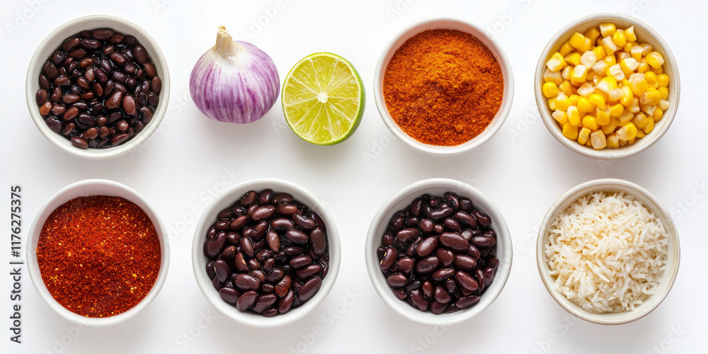 Various ingredients for the black beans and rice dish, including red onion, corn, garlic clove, lime juice, and paprika powder, all placed in small bowls on a white background, generative AI Various ingredients for the black beans and rice dish, including red onion, corn, garlic clove, lime juice, and paprika powder, all placed in small bowls on a white background, generative AI