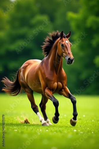 Elegant horse running freely in the green meadow, horse galloping free, nature