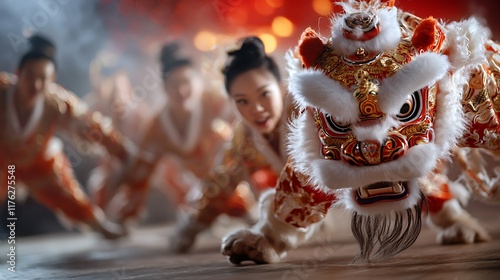 Captivating performance of Chinese lion dancers in colorful traditional costumes showcasing the rich cultural heritage and energy of a lively festival with a striking red glowing backdrop