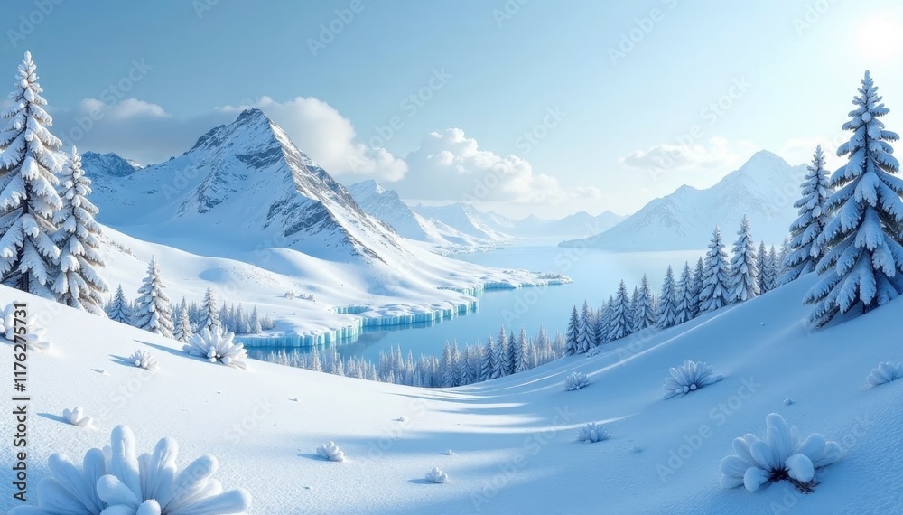 Frosty landscape with snow-covered hills and ice formations , nature, landscape Frosty landscape with snow-covered hills and ice formations , nature, landscape