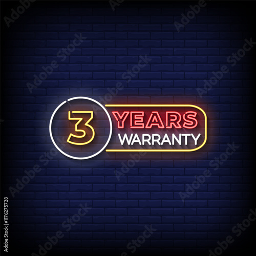 3 years warranty neon sign style with brick wall background vector