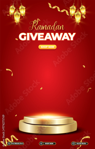 ramadan giveaway template banner with 3d podium for product sale with red background design