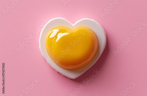 Fried egg in a heart shape with a yellow yolk on a pink background, simple shapes, 3D render, minimalistic design, valentine's day, cute graphic style, heart-shaped character