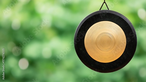 A beautiful gong hanging in a serene green environment, symbolizing peace and spirituality