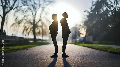 Two people standing back to back in silhouette on a path expressing conflict or separation