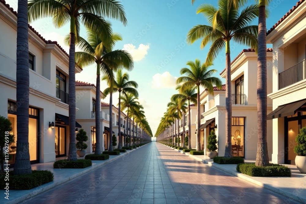 Palm trees lined street with luxury mansion houses and upscale shopping boutiques, palm trees, mansion Palm trees lined street with luxury mansion houses and upscale shopping boutiques, palm trees, mansion