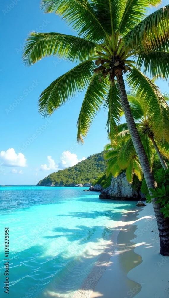 Fototapeta premium Palm trees sway gently in the breeze amidst a tranquil turquoise lagoon, relaxation, calm