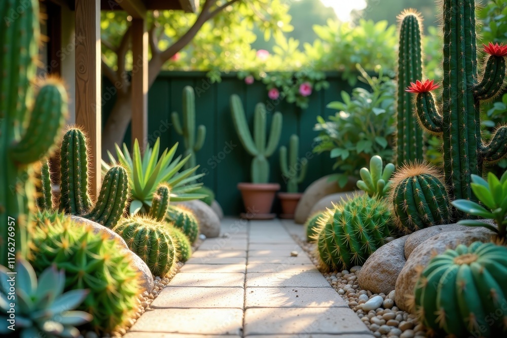 Peaceful outdoor space with succulents and cacti, desert landscape, hardscaping Peaceful outdoor space with succulents and cacti, desert landscape, hardscaping