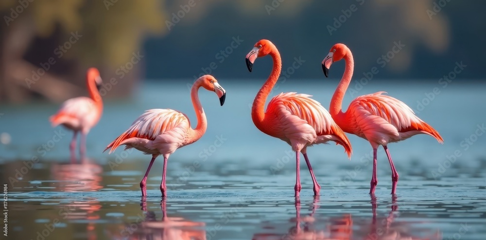 Pink flamingos standing together in a lake with smaller pink flamingos and mineral-rich water, Tanzania, birds Pink flamingos standing together in a lake with smaller pink flamingos and mineral-rich water, Tanzania, birds
