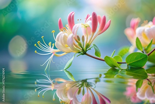 Minimalist Japanese Honeysuckle Flowers with Water Reflection - Elegant Nature Photography
