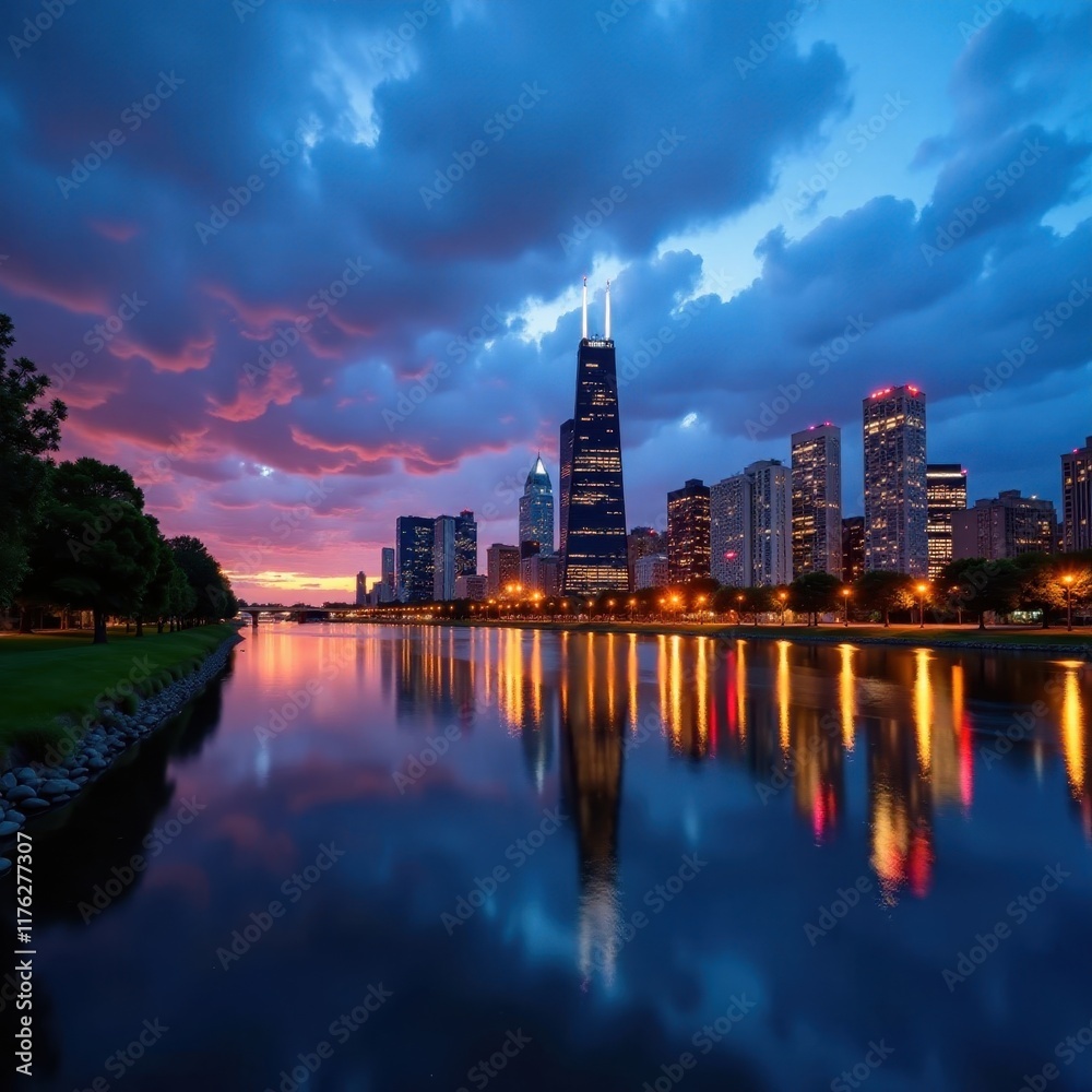 Fototapeta premium Reflections of the Chicago skyline in a lake or river at dusk , USA, architecture