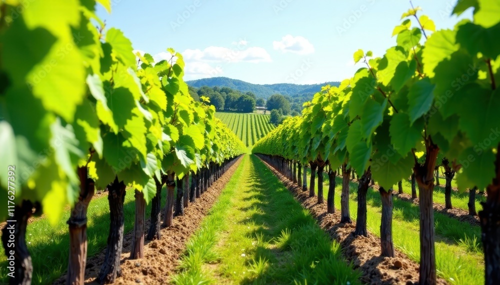 Fototapeta premium Rows of grapevines in champagne vineyard at Dizy, sunny day, champagne grapes