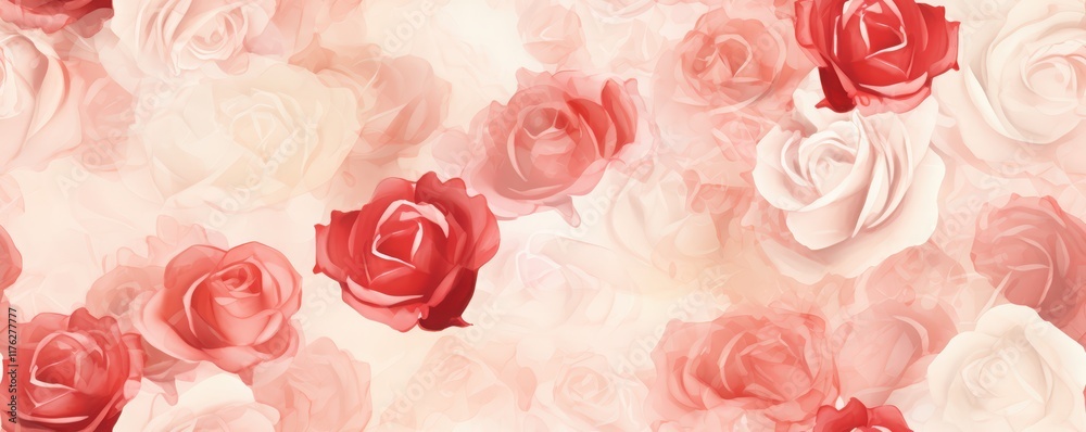 Collection of Red and White Roses background, Watercolor, Seamless Pattern with floral decoration for celebration and romance, Valentine's theme Collection of Red and White Roses background, Watercolor, Seamless Pattern with floral decoration for celebration and romance, Valentine's theme