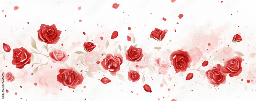 Fototapeta premium Collection of Red and White Roses background, Watercolor, Seamless Pattern with floral decoration for celebration and romance, Valentine's theme