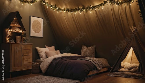 Cozy bedroom with fairy lights and pillows 3
