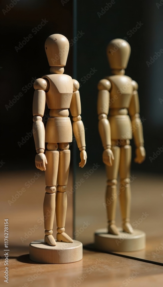 Standing wooden figure with mirror reflection, reflective, calm Standing wooden figure with mirror reflection, reflective, calm