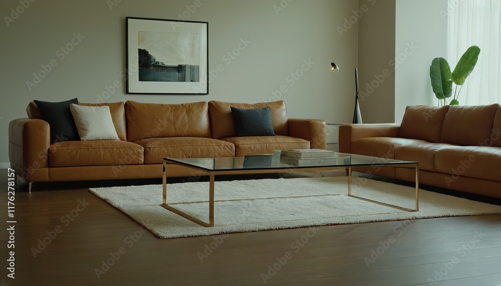 Fototapeta premium Modern Scandinavian home interior design characterized by an elegant living room featuring a comfortable sofa, mid century furniture, cozy carpet, wooden floor, white walls, and home plants. 15