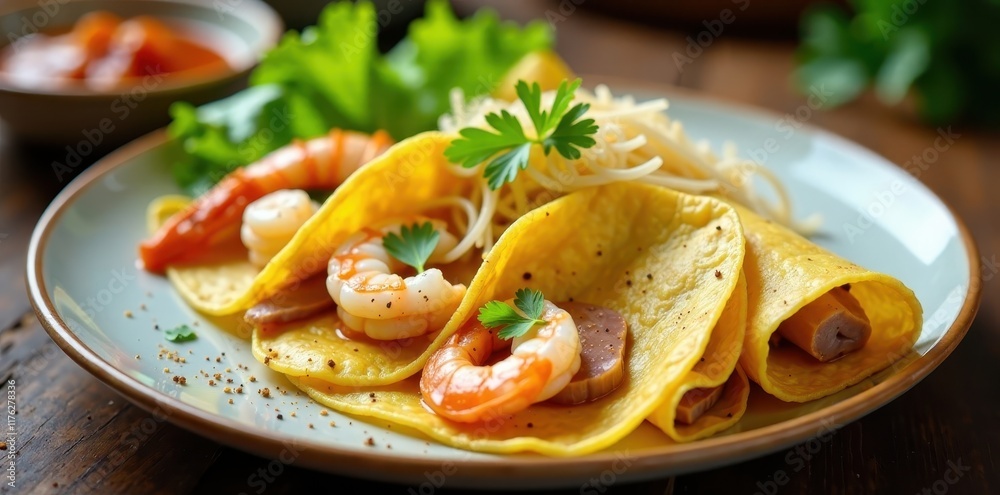 Thin Vietnamese crepe filled with shrimp and pork, served on a plate with crispy bean sprouts and lettuce , crepes, banh xeo Thin Vietnamese crepe filled with shrimp and pork, served on a plate with crispy bean sprouts and lettuce , crepes, banh xeo