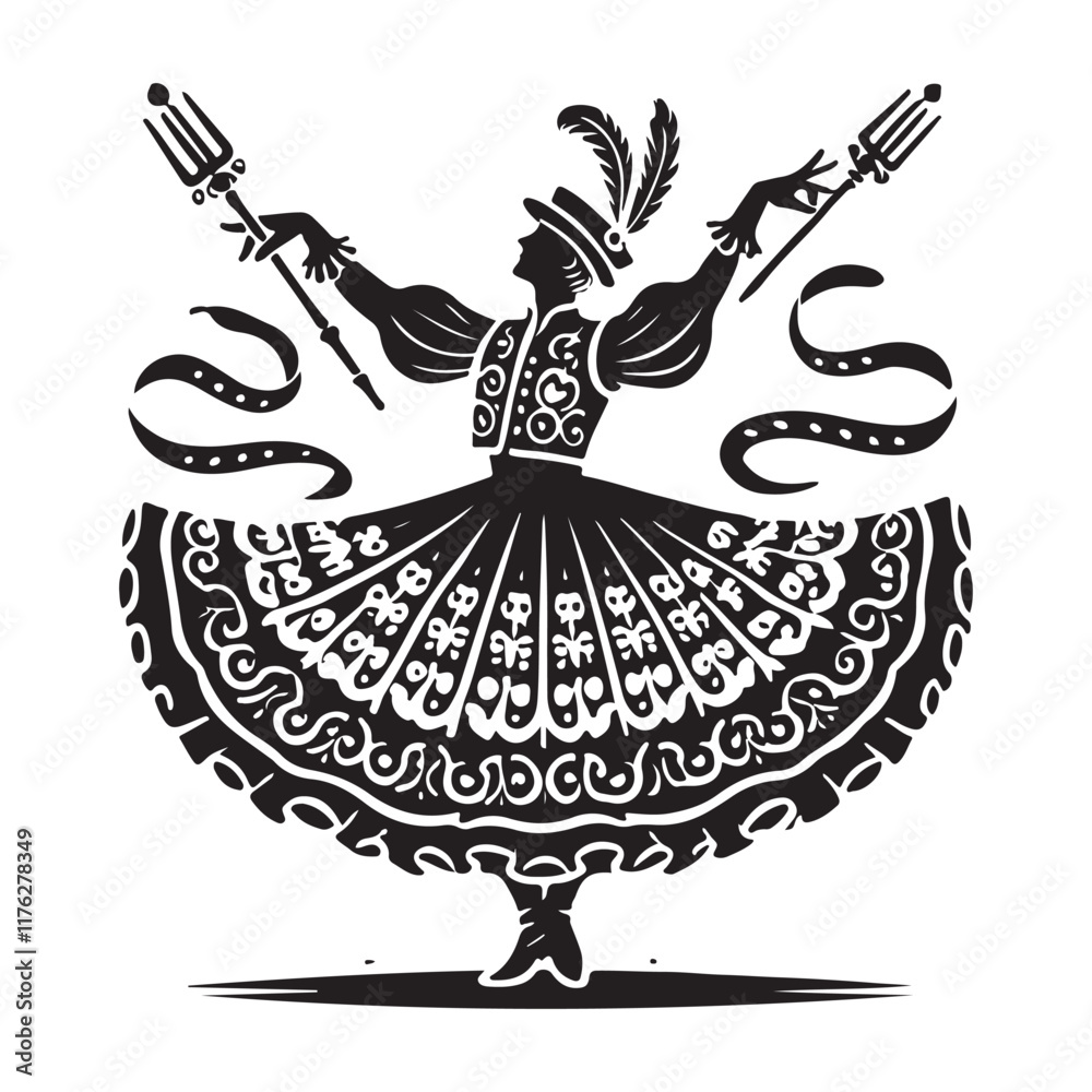 Fototapeta premium Mazurka Silhouette Vector Illustration, Solid White Background.