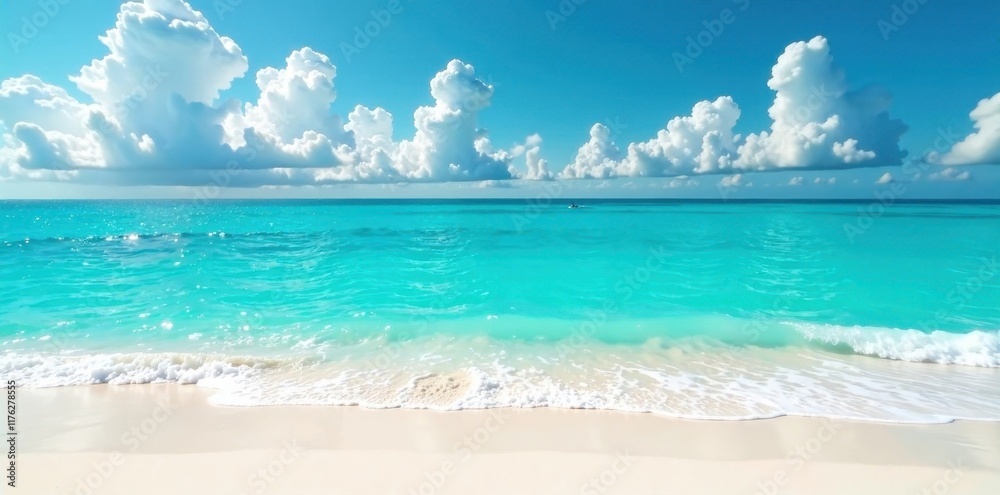 Obraz premium Turquoise ocean waters meet white sandy beach , green, coral reef