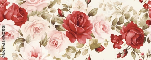 Wallpaper Mural Collection of Red and White Roses background, Watercolor, Seamless Pattern with floral decoration for celebration and romance, Valentine's theme Torontodigital.ca