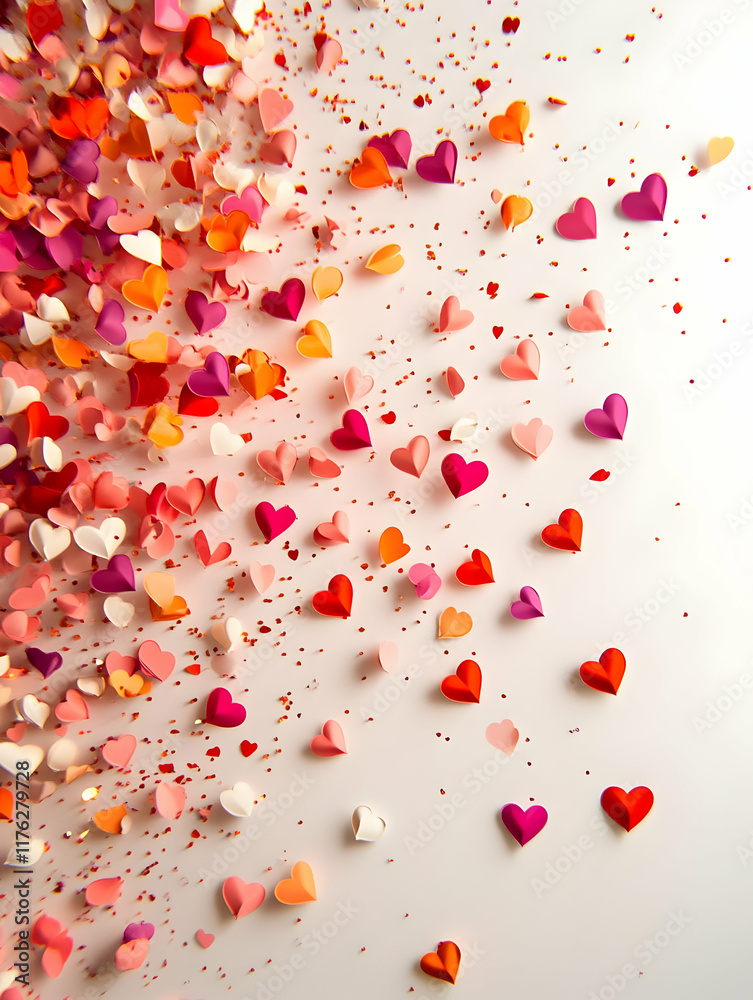 A vibrant scattering of heart-shaped confetti in various colors on a white background. A vibrant scattering of heart-shaped confetti in various colors on a white background.