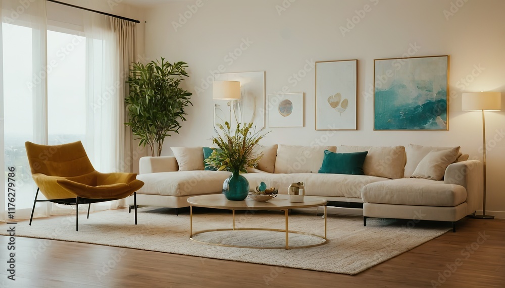 Fototapeta premium Beautiful and large living room interior with hardwood floors, fluffy rug and designer furniture. 
