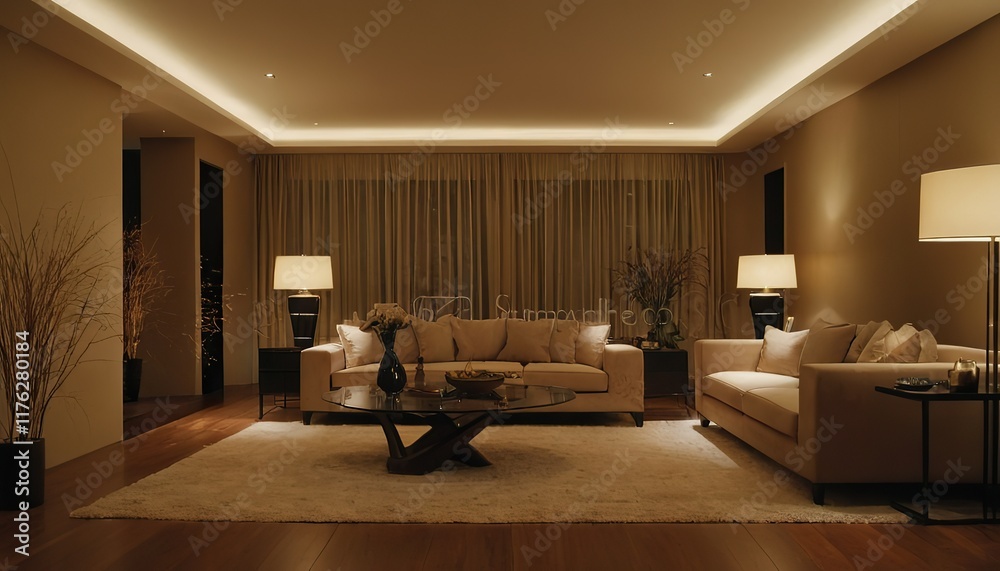 Fototapeta premium Beautiful and large living room interior with hardwood floors, fluffy rug and designer furniture. 