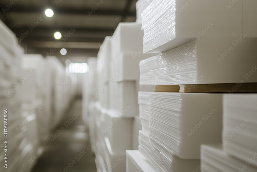 Fototapeta premium Neat stacks of white foam sheets in warehouse. Illustrates industrial storage, manufacturing, or packaging.