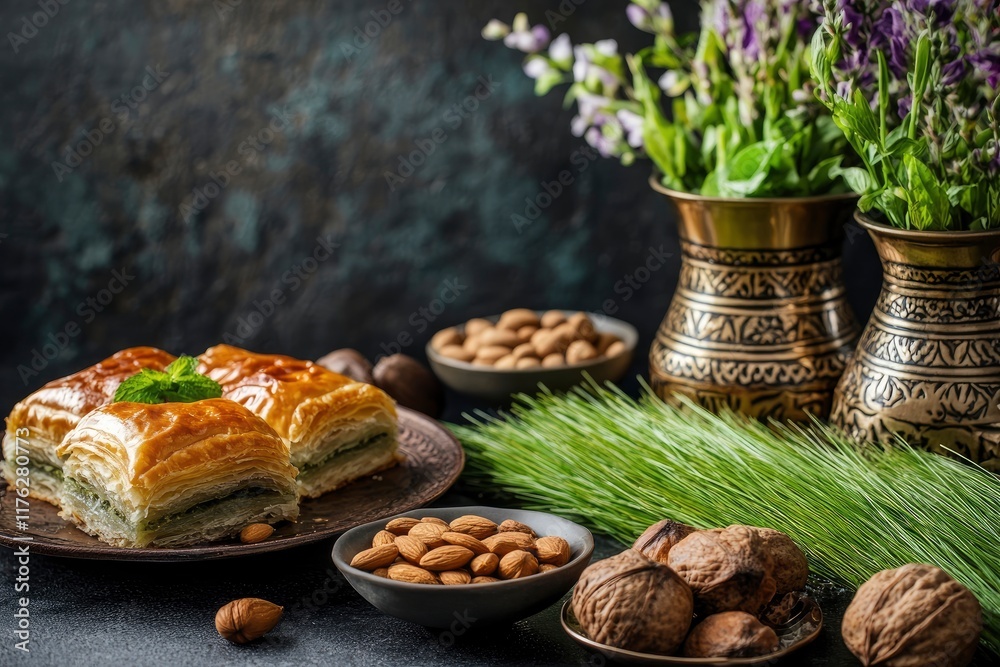 Novruz setting table decoration, wheat grass, baklava pastry and nuts on dark background. Nowruz arabic holiday, new year spring celebration, copy space. 