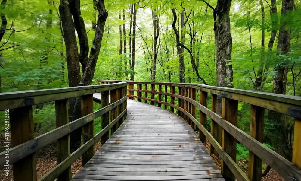 A wooden pathway leads through a serene forest inviting exploration and connection with nature A wooden pathway leads through a serene forest inviting exploration and connection with nature