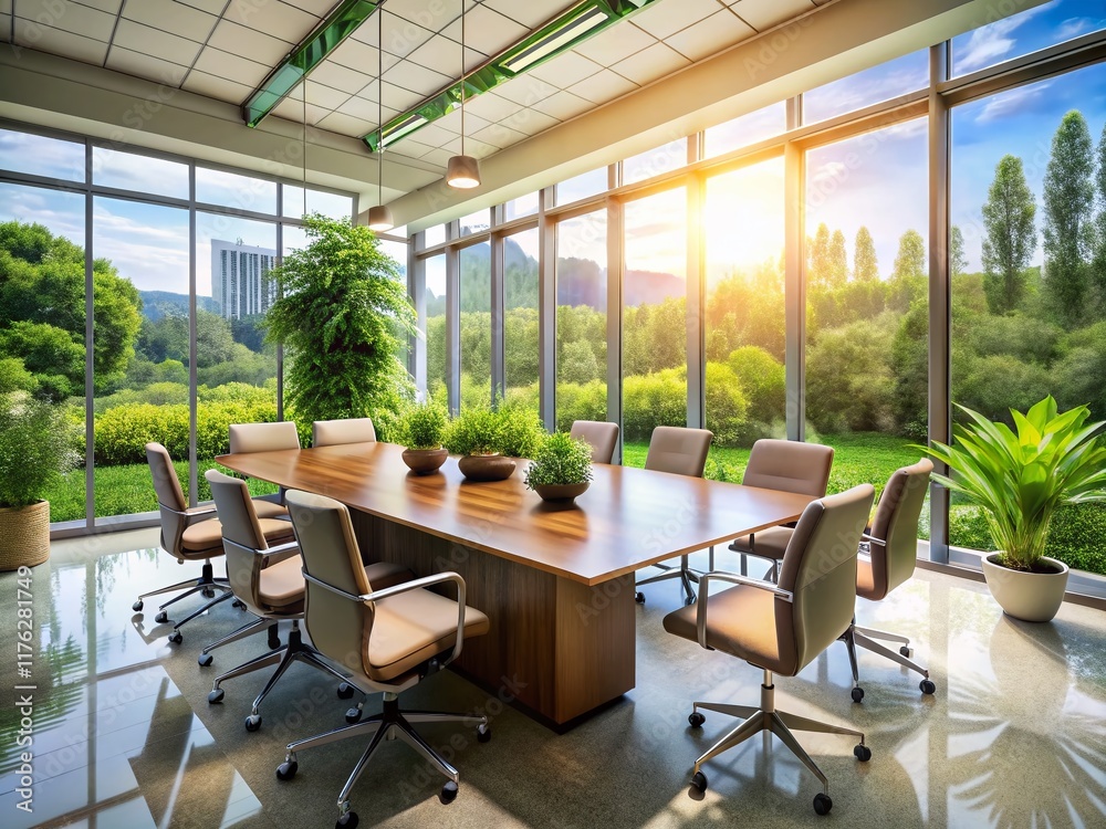 Fototapeta premium Modern Office Conference Room with Green View and Plants