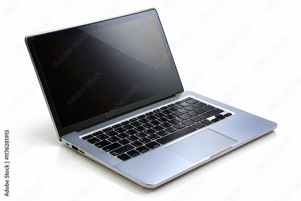 Modern Silver Metallic Laptop, Blank Screen, Isolated, Aerial View, Stock Photo Modern Silver Metallic Laptop, Blank Screen, Isolated, Aerial View, Stock Photo